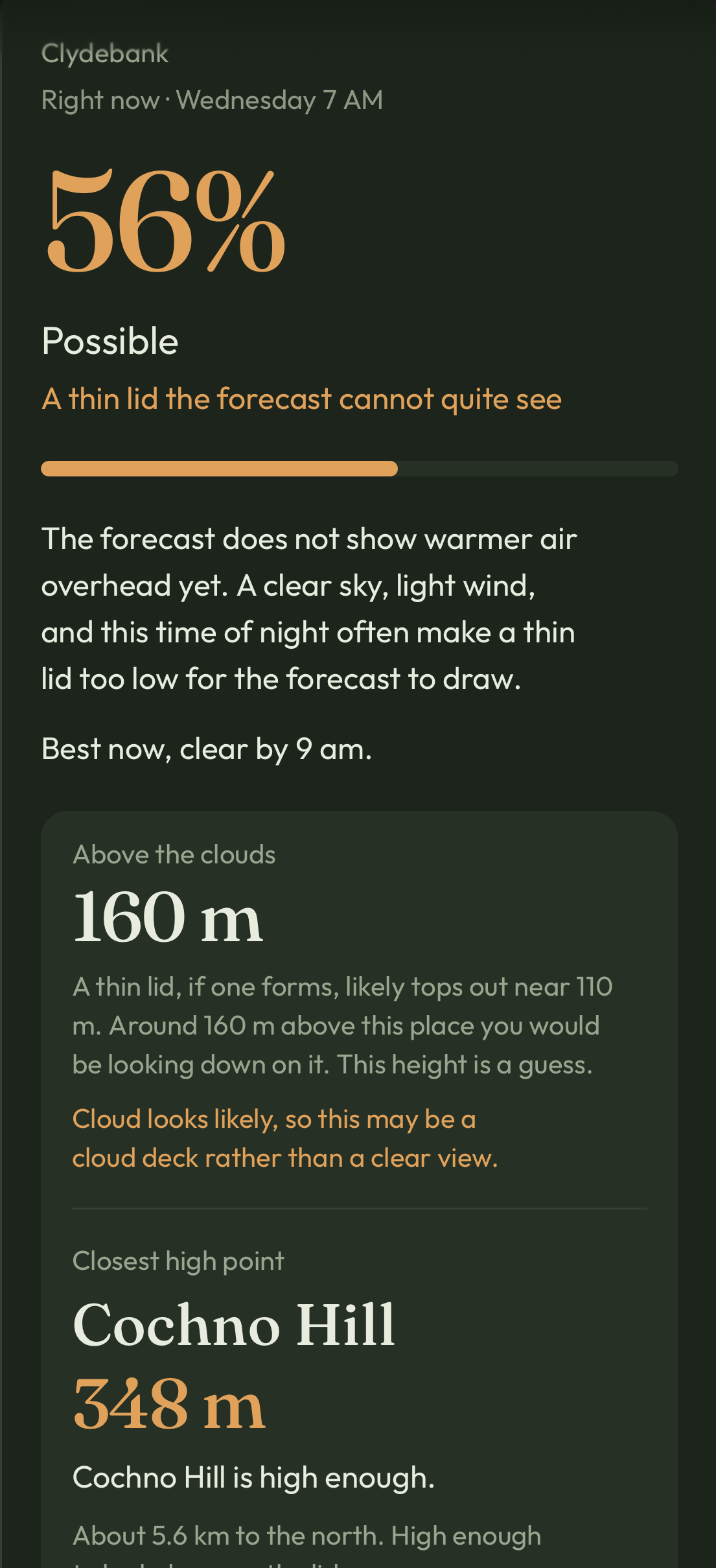 Lid app showing Clydebank at 56 percent, a thin lid the forecast cannot quite see