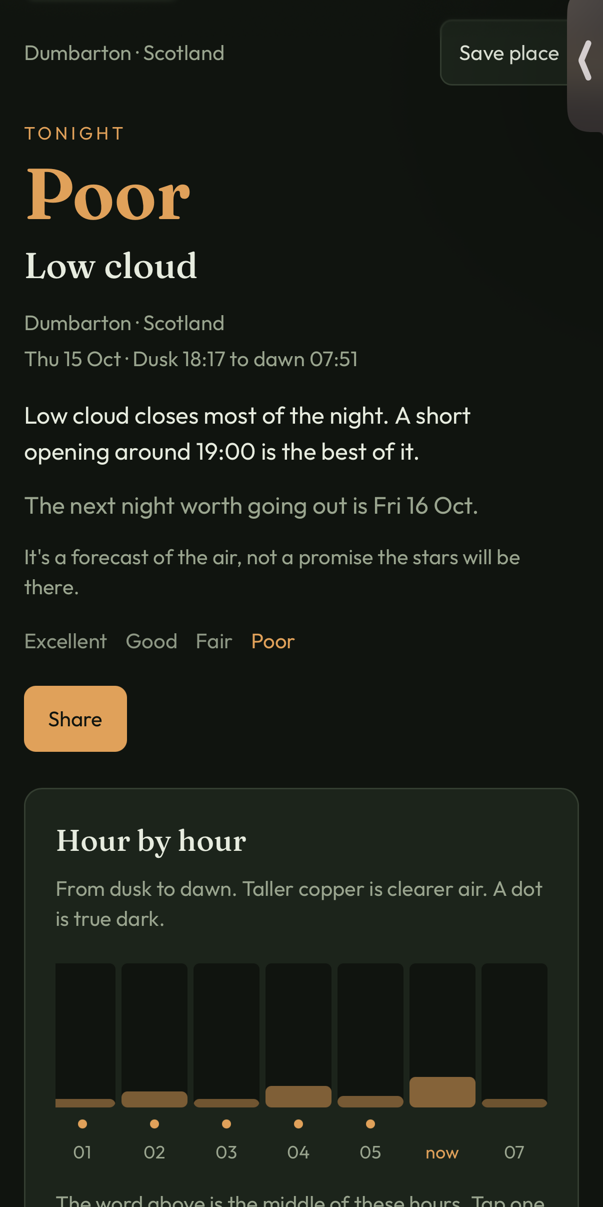 Transparency app screenshot: Poor, Low cloud for Dumbarton, 15 Oct