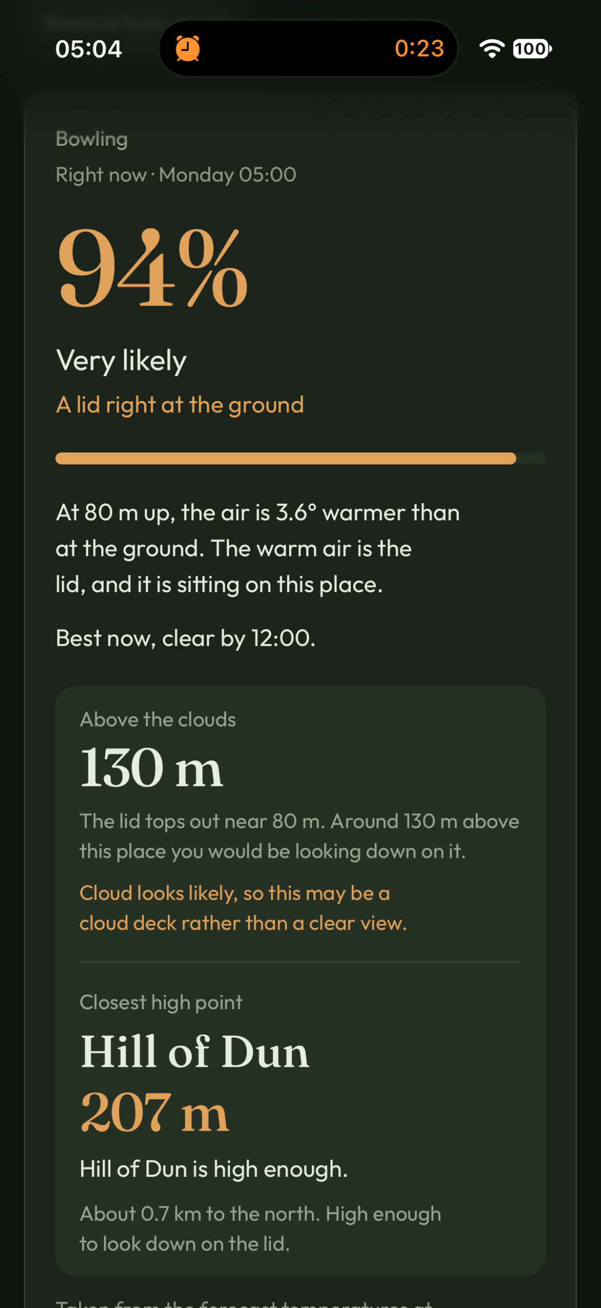 Lid forecast at 05:00 on Monday showing 94 percent, very likely, with a lid right at the ground